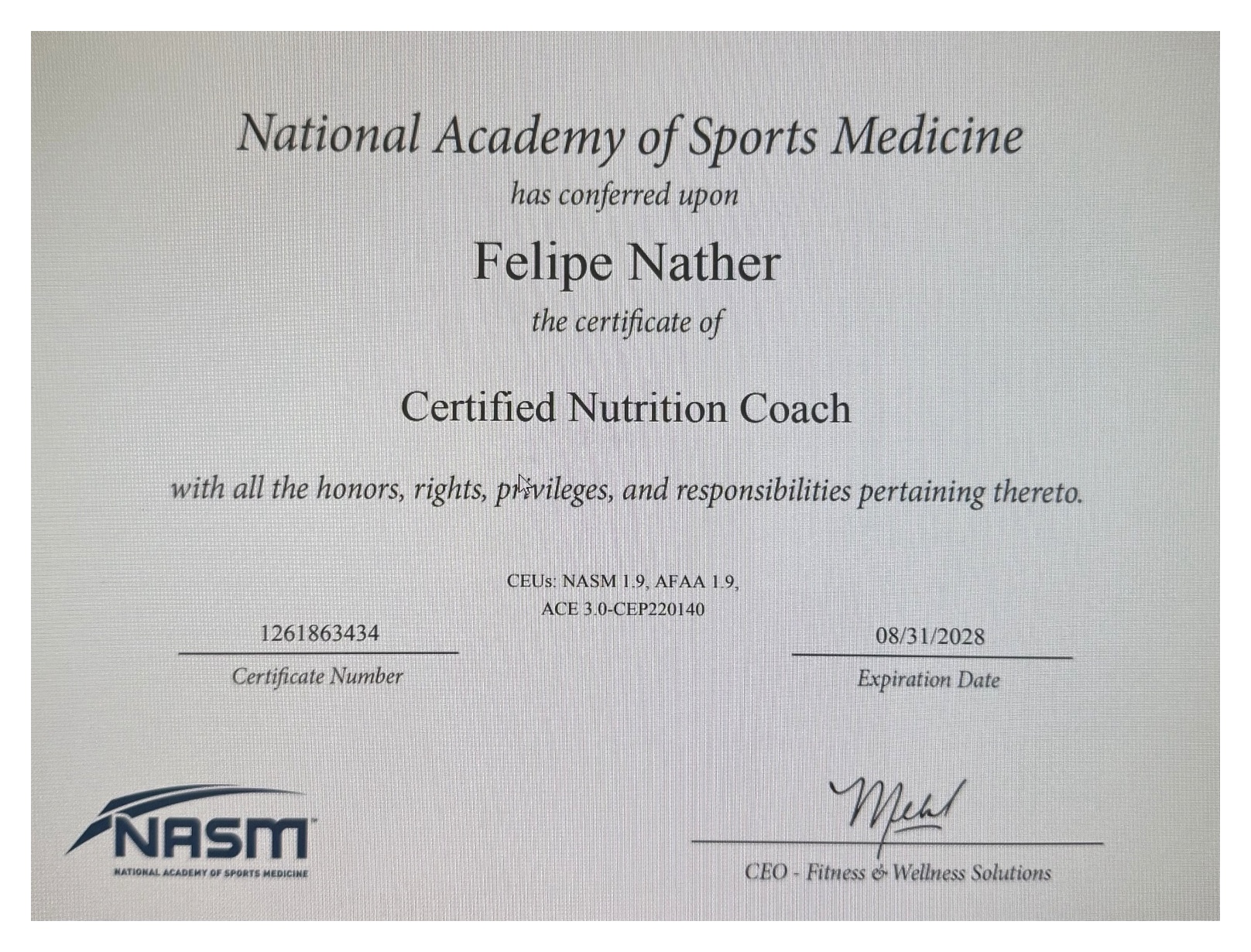 Felipe Nather NASM Nutrition Coach Certificate