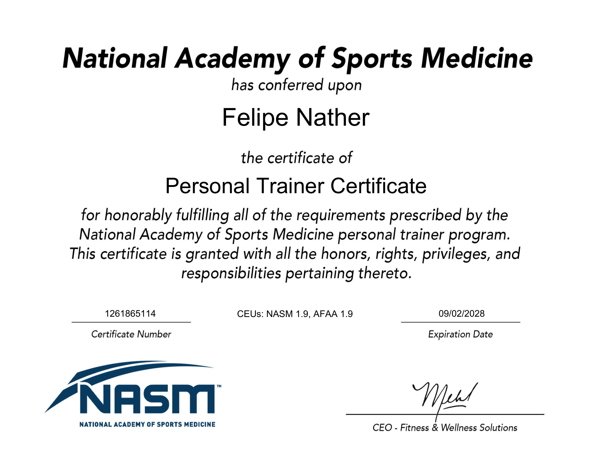 Felipe Nather NASM Personal Trainer Certificate